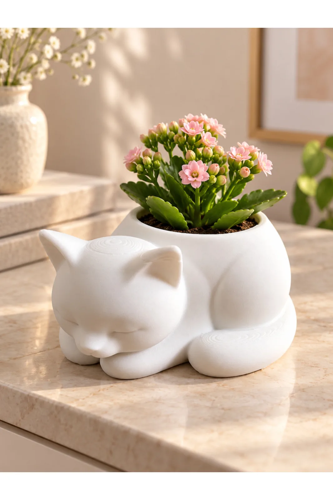Uyuyan Kedi Saksı Dekoratif Obje - Yen Sanat