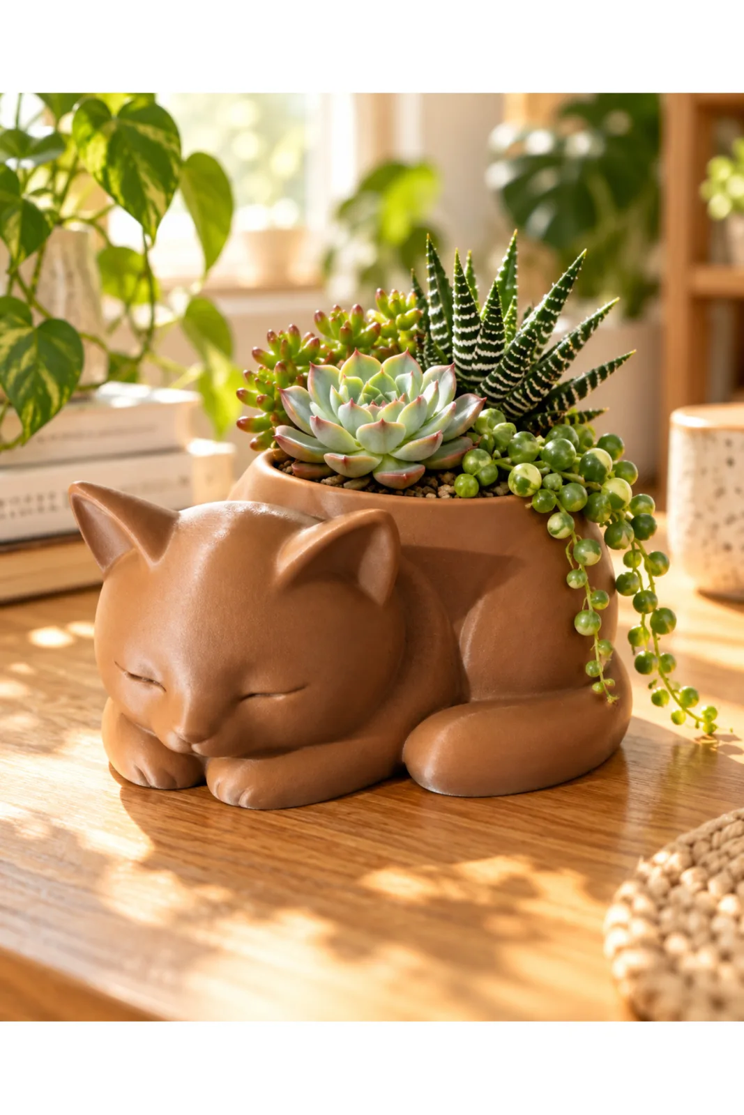 Uyuyan Kedi Saksı Dekoratif Obje - Yen Sanat